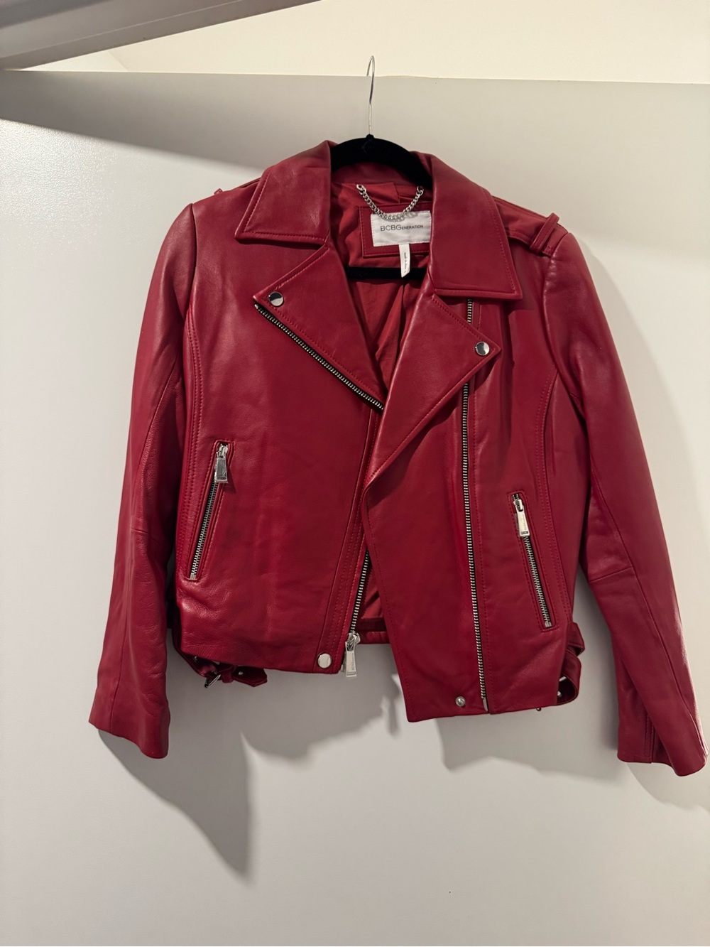 BCBGeneration Red Leather Moto Jacket with Silver Hardware
